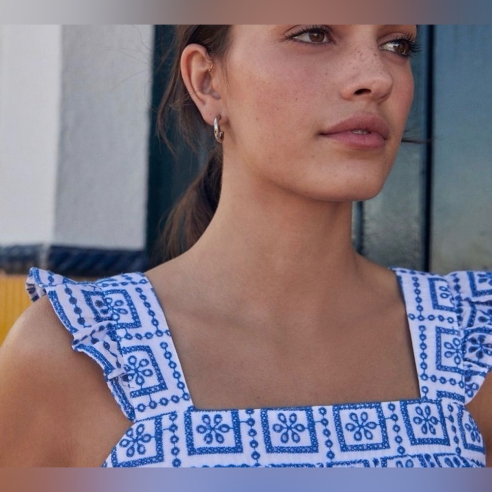 Next Embroidered Eyelet Blue White Ruffled Tank Top - Picture 4 of 12